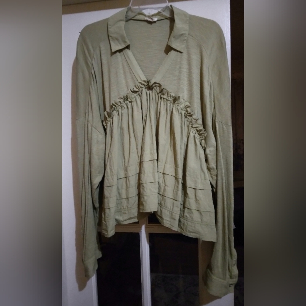 Pilcro Sage Green Ruffle V-Neck Top